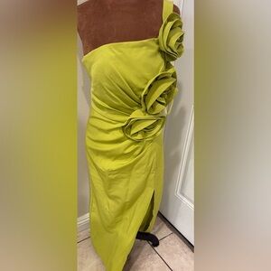 Chic One-Shoulder Lime Dress with Floral Accents